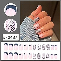 Valentines Day French Tip Press On Nails Pink Short Fake Nails Acrylic Square False Nails Heart Design Nails Artificial Full Cover Glue On Nails Stick On Nails For Women Girls Manicure Art(Black)