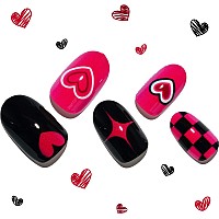 Red Press On Nails Short Oval, Glamermaid Glue On Nails For Valentine'S Day Gift | False Nail Kits With Cute Love Heart Design, Fake Nails Medium, Black Checkboard Nails Sets For Women Girlfriend Gift