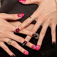 Red Press On Nails Short Oval, Glamermaid Glue On Nails For Valentine'S Day Gift | False Nail Kits With Cute Love Heart Design, Fake Nails Medium, Black Checkboard Nails Sets For Women Girlfriend Gift