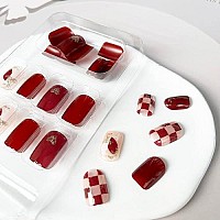 Square Red Fake Nails Valentines Day Press On Nails Short Acrylic Heart Design False Nails Exquisite Artificial Full Cover Glue On Nails Stick On Nails Manicure Decorations For Women Girls 24Pcs