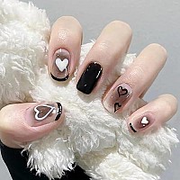 Square Fake Nails Valentines Day Press On Nails Short Acrylic False Nails With Glossy Black Heart Design Nails Artificial Full Cover Glue On Nails Stick On Nails For Women Girls Holidays Manicure Art