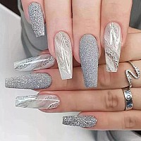 24 Pcs Acrylic Fake Nails Long Press On Nails Glossy White Gray Glue On Nails For Women Full Cover Sliver Glitter Exquisite Designs Stick On Nails For Manicure Tips Decorations