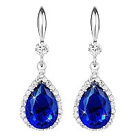 Linawe Sapphire Royal Blue Drop Dangle Earrings For Women Trendy Silver Jewelry For Wedding Bride Bridesmaid Costume White Gold Crystal Teardrop Diamond Rhinestone Cubic Zirconia Gift For Mom Wife Her