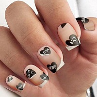 Votacos Valentine'S Day French Tip Press On Nails Short Square Fake Nails Nude False Nails With Black Heart Design Matte Stick On Nails For Women 486