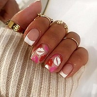 French Tip Press On Nails Valentines Day Short Square Fake Nails Acrylic Artificial Full Cover Glue On Nails Stick On Nails Decorations Red Lips Fake Nails With Designs For Women Girls Nail Art