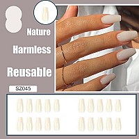 Qingge White Press On Nails Medium Length Coffin Fake Nails Solid Color Stick On Nails Glue On Nails Glossy Acrylic Nails False Nails For Women 24Pcs