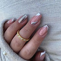 Qingge Pink Press On Nails Medium Length Square French Fake Nails With White Swirl Silver Glitter Design Fashion Stick On Nails Glue On Nails Glossy Acrylic Nails False Nails For Women 24Pcs