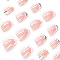 Qingge Pink Press On Nails Medium Length Square French Fake Nails With White Swirl Silver Glitter Design Fashion Stick On Nails Glue On Nails Glossy Acrylic Nails False Nails For Women 24Pcs