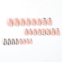 Qingge Pink Press On Nails Medium Length Square French Fake Nails With White Swirl Silver Glitter Design Fashion Stick On Nails Glue On Nails Glossy Acrylic Nails False Nails For Women 24Pcs