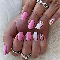 Square Press On Nails Medium Length Fake Nails Pink Full Cover Glossy False Nails With Glitter Designs Gradient Acrylic Nails Glossy Stick On Nails Artificial Nails For Women And Girls 24Pcs