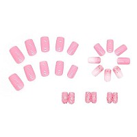 Square Press On Nails Medium Length Fake Nails Pink Full Cover Glossy False Nails With Glitter Designs Gradient Acrylic Nails Glossy Stick On Nails Artificial Nails For Women And Girls 24Pcs