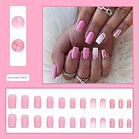 Square Press On Nails Medium Length Fake Nails Pink Full Cover Glossy False Nails With Glitter Designs Gradient Acrylic Nails Glossy Stick On Nails Artificial Nails For Women And Girls 24Pcs