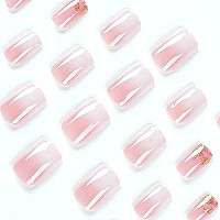 Press On Nails Square Medium Fake Nails Full Cover False Nails With Glitter Designs Pink Gradient Glue On Nails Glossy Acrylic Artificial Nails For Women And Girls 24Pcs