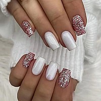 Square Press On Nails Medium Fake Nails Pink Glitter Full Cover Stick On Nails White False Nails With Design Glossy Artificial Nail Acrylic Glue On Nails For Women And Girls 24 Pcs