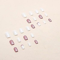 Square Press On Nails Medium Fake Nails Pink Glitter Full Cover Stick On Nails White False Nails With Design Glossy Artificial Nail Acrylic Glue On Nails For Women And Girls 24 Pcs