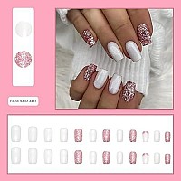 Square Press On Nails Medium Fake Nails Pink Glitter Full Cover Stick On Nails White False Nails With Design Glossy Artificial Nail Acrylic Glue On Nails For Women And Girls 24 Pcs