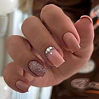 Square Press On Nails Short Fake Nails Full Cover Nude Acrylic False Nails With Designs Glitter Stick On Nails With Rhinestones Design Artificial Nails For Women Girls 24Pcs