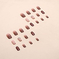 Square Press On Nails Short Fake Nails Full Cover Nude Acrylic False Nails With Designs Glitter Stick On Nails With Rhinestones Design Artificial Nails For Women Girls 24Pcs