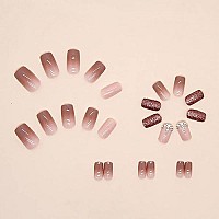 Square Press On Nails Short Fake Nails Full Cover Nude Acrylic False Nails With Designs Glitter Stick On Nails With Rhinestones Design Artificial Nails For Women Girls 24Pcs