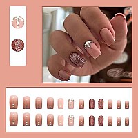 Square Press On Nails Short Fake Nails Full Cover Nude Acrylic False Nails With Designs Glitter Stick On Nails With Rhinestones Design Artificial Nails For Women Girls 24Pcs