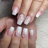 Square Press On Nails Medium Fake Nails Full Cover False Nails With Flower Designs White Pink Gradient Glue On Nails Glossy Acrylic Nails With Rhinestones Artificial Nails For Women 24Pcs