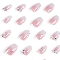 Square Press On Nails Medium Fake Nails Full Cover False Nails With Flower Designs White Pink Gradient Glue On Nails Glossy Acrylic Nails With Rhinestones Artificial Nails For Women 24Pcs