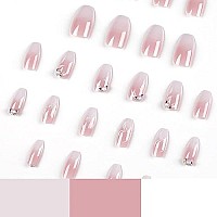 Square Press On Nails Medium Fake Nails Full Cover False Nails With Flower Designs White Pink Gradient Glue On Nails Glossy Acrylic Nails With Rhinestones Artificial Nails For Women 24Pcs