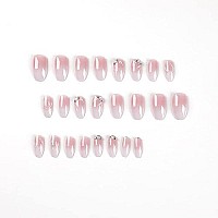 Square Press On Nails Medium Fake Nails Full Cover False Nails With Flower Designs White Pink Gradient Glue On Nails Glossy Acrylic Nails With Rhinestones Artificial Nails For Women 24Pcs