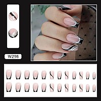 Black French Tip Press On Nails Medium Length Coffin False Nails Glitter Full Cover Stick On Nails Black Nail Tip Glue On Nails Glossy Acrylic Nails Nail Decorations For Women Girls