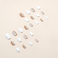 Press On Nails Medium Square Fake Nails White Full Cover Artificial False Nails With Glitter Designs Stick On Nails Glossy Acrylic Nails For Women Girls