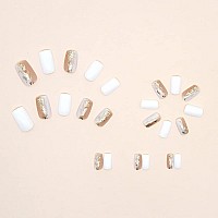 Press On Nails Medium Square Fake Nails White Full Cover Artificial False Nails With Glitter Designs Stick On Nails Glossy Acrylic Nails For Women Girls