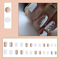 Press On Nails Medium Square Fake Nails White Full Cover Artificial False Nails With Glitter Designs Stick On Nails Glossy Acrylic Nails For Women Girls