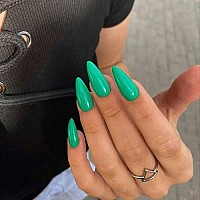 Spring Green Press On Nails Medium Stiletto Almond,Kqueenest Glossy Acrylic Nails Kit Reusable Fake Nails Feature Protective Uv Coating For Women Nail Art Manicure In 24Pcs