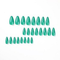 Spring Green Press On Nails Medium Stiletto Almond,Kqueenest Glossy Acrylic Nails Kit Reusable Fake Nails Feature Protective Uv Coating For Women Nail Art Manicure In 24Pcs