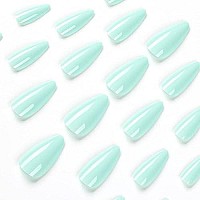 Spring Mint Green Press On Nails Medium Stiletto Almond,Kqueenest Glossy Acrylic Nails Kit Reusable Fake Nails Feature Protective Uv Coating For Women Nail Art Manicure In 24Pcs