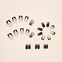 Press On Nails Medium Coffin Acrylic Nails French Black Nail Tip False Nails Full Cover Glossy Fake Nails Glitter Stick On Nails For Women Gifts Reusable Full Cover Gel Nails-24Pcs