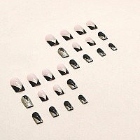 Press On Nails Medium Coffin Acrylic Nails French Black Nail Tip False Nails Full Cover Glossy Fake Nails Glitter Stick On Nails For Women Gifts Reusable Full Cover Gel Nails-24Pcs