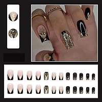 Press On Nails Medium Coffin Acrylic Nails French Black Nail Tip False Nails Full Cover Glossy Fake Nails Glitter Stick On Nails For Women Gifts Reusable Full Cover Gel Nails-24Pcs