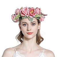 Ynimioaox Handmade Adjustable Flower Crown Floral Headband Hair Wreath Halo Headpiece Photo Props,(P5-Pink)