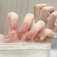 Press On Nails Short Nude Pink Square False Nails Full Cover Glossy Fake Nails Glitter Stick On Nails With Rhinestones Design Acrylic Nails For Women Girls 24Pcs