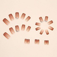 Press On Nails Short Nude Pink Square False Nails Full Cover Glossy Fake Nails Glitter Stick On Nails With Rhinestones Design Acrylic Nails For Women Girls 24Pcs