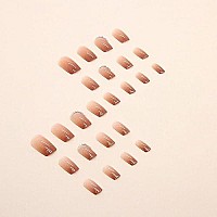 Press On Nails Short Nude Pink Square False Nails Full Cover Glossy Fake Nails Glitter Stick On Nails With Rhinestones Design Acrylic Nails For Women Girls 24Pcs