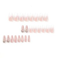 Rtkhfze Coffin Square Fake Nails Medium Gradient Pink Press On Nails Full Cover Acrylic Glue On Nails Glossy False Nails With Rhinestone Design Manicure Tips Decorations For Women Girls, 24Pcs