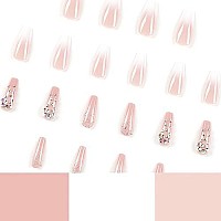 Rtkhfze Coffin Square Fake Nails Medium Gradient Pink Press On Nails Full Cover Acrylic Glue On Nails Glossy False Nails With Rhinestone Design Manicure Tips Decorations For Women Girls, 24Pcs