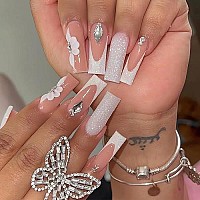 Rtkhfze French Tip Press On Nails Long Coffin Fake Nails With White Flower Designs, Full Cover Rhinestone Acrylic Nails White Nail Tips Glossy Pink Artificial False Nails For Women Girls, 24Pcs