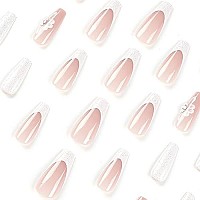 Rtkhfze French Tip Press On Nails Long Coffin Fake Nails With White Flower Designs, Full Cover Rhinestone Acrylic Nails White Nail Tips Glossy Pink Artificial False Nails For Women Girls, 24Pcs