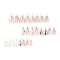 Rtkhfze French Tip Press On Nails Long Coffin Fake Nails With White Flower Designs, Full Cover Rhinestone Acrylic Nails White Nail Tips Glossy Pink Artificial False Nails For Women Girls, 24Pcs