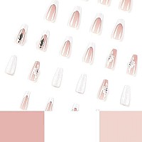 Rtkhfze French Tip Press On Nails Long Coffin Fake Nails With White Flower Designs, Full Cover Rhinestone Acrylic Nails White Nail Tips Glossy Pink Artificial False Nails For Women Girls, 24Pcs