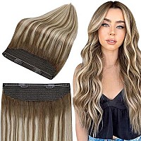 Full Shine Wire Extension Real Human Hair 16 Inch Brown Ombre Fishing Line Remy Hair Extension For Short Hair Color Chestnut Brown Fading To Platinum Blonde Mix Brown 6606 Hairpiece Extension