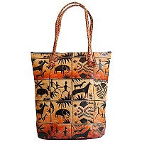 Crafts of India Jungle Forest Design Ethnic Hand Embossed Shantiniketan Leather Indian Bag (Brown)